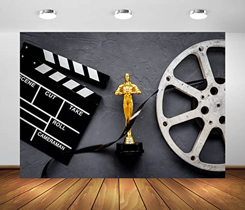 BELECO 10x8ft Fabric Movie Theme Backdrop for Photography Golden Movie Award Statue with Film Reel Video Tape and Clapper Board Background for Movie Night Theme Party Decorations Portrait Photo Props - size: 10x8ft