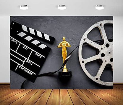BELECO 10x8ft Fabric Movie Theme Backdrop for Photography Golden Movie Award Statue with Film Reel Video Tape and Clapper Board Background for Movie Night Theme Party Decorations Portrait Photo Props - size: 10x8ft