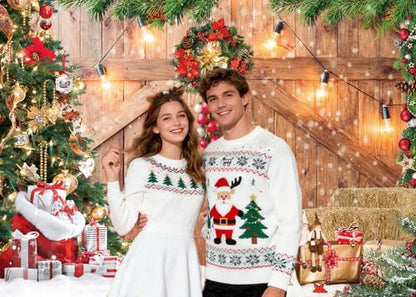 CHAIYA 8x6ft Christmas Backdrop Rustic Christmas Barn Wood Door Backdrop for Photography Xmas Tree Snow Wall Background Xmas Party Supplies Family Kids Party Banner Decorations Backdrops - size: 8′x6′
