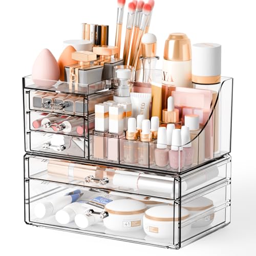 Yieach 2 Pack Clear Makeup Organizer Countertop for Dresser,Vanity and Bathroom Counter Organizer,Tiered Stackable Makeup Acrylic Organizers with 5 Drawer for Skincare,Brush and Make up Holders - style: 5 Drwers