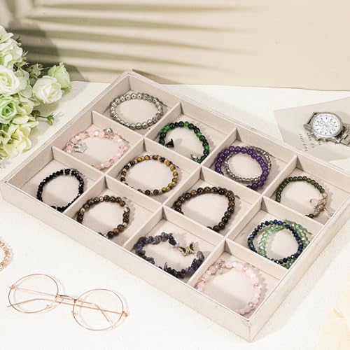 Stackable Jewelry Organizer Trays for Drawers, 2Pcs 12 Grid Velvet Jewelry Display Tray, Soft Light Jewelrys Display Case for Selling Necklace Earring Ring Watch, Beige, 13.8x9.5x1.2inch