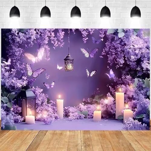 Romantic Purple Backdrop Glitter Purple Butterfly Lavender Flower Wall Background Photography for Birthday Party Girl Fairy Party Decorations Wedding Photo Booth Studio Props (A, 5X3FT) - color: A, size: 5X3FT