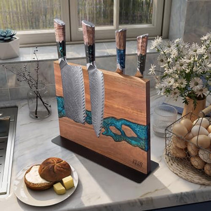 FINDKING Magnetic Knife Block, Double Sided Holder, Powerful Magnet Kitchen Storage, Acacia Wood and Blue Resin (12 x 10 Inches, Without Knives) - color: Blue