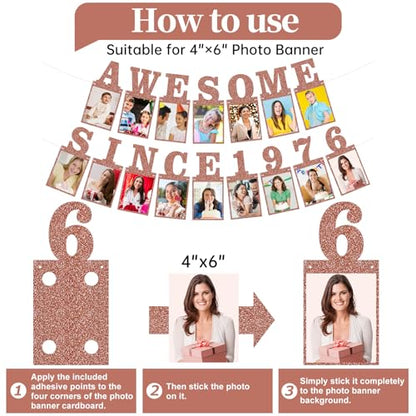 Pre-strung Awesome Since 1976 Photo Banner Birthday Decorations for Women- Pink Rose Gold Glitter 50th Birthday and Anniversary Decorations Party Supplies - style: Pink Rose Gold 50th