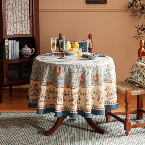 patdrea Designer French Linen Blue Round Table Cloth,Vintage Floral Tablecloth,Colorful Decoration Fall Table Cover Kitchen Dining for Tea Party,Thanksgiving,Christmas,Diameter 55"-Wensel - color: Wensel, size: 55" (Round)
