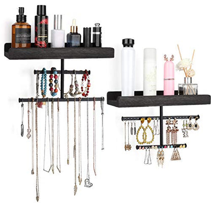 Keebofly Hanging Wall Mounted Jewelry Organizer with Rustic Wood Jewelry Holder Display for Necklaces Bracelet Earrings Ring Set of 2 Black,[Patented] - color: Black