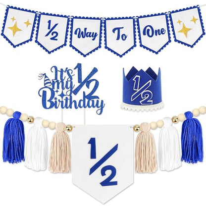 1/2 Birthday Blue Half Birthday Decorations - Blue Star It's My 1/2 Birth Banner, Glitter Cake Topper Tassel Wood Bead High Chair Banner & Crown, Hat Halfway to One Boy Girl Party Supplies - color: Star Blue