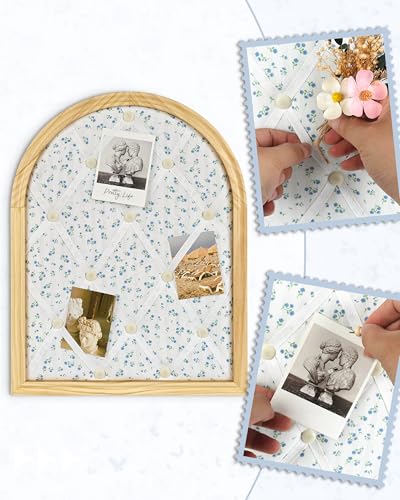 Floral Fabric Memo Bulletin Board, 17x13 inches Cushiony Pin Board for Wall, Vision Board Message Board with White Criss-Cross Ribbons for Home Office School Wall Decor(Floral,4333)