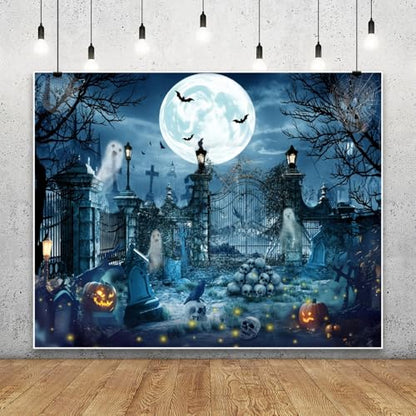 Halloween Backdrop for Photography 10x8ft Scary Cemetery Ghost Skull Full Moon Night Halloween Photo Backdrop Spooky Pumpkin Bat Photography Background Party Decor Kid Adult Portrait Photo Booth Prop