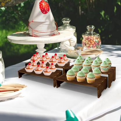 Yikaroeli 4Pcs Large Display Riser Wood Risers Cupcake Display Stand 2 Tier Racks Rectangular, 2 Set Perfume Decorative Display Dessert Stands for Vendors Event (Large/2Pack Brown)