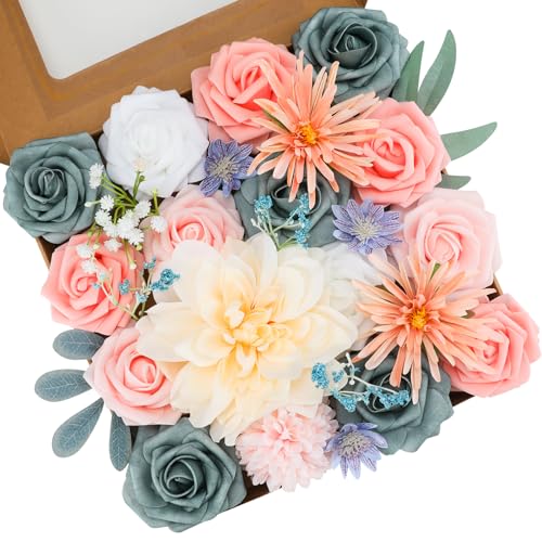 Floweroyal Artificial Flowers Combo Blue Flowers Mix Silk Flowers Dahlia Roses with Stems for DIY Wedding Bridal Bouquets, Baby Shower, Floral Arrangement, Table Centerpieces, Home Decorations. - color: Blue&pink