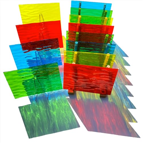 PALJOLLY 12 Sheets Translucent Stained Glass Sheets for Cathedral Art, 6 x 4 inches Stained Glass Supplies for Beginners, Rainbow Colors Glass Mosaic Tiles for Crafts - color: Rainbow Ripple