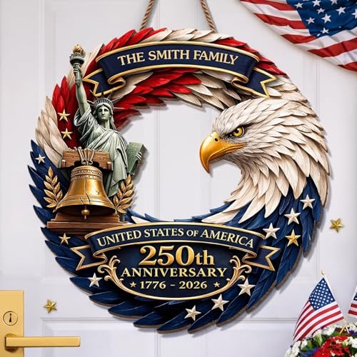 Personalized 250th Anniversary Patriotic Wood Wreath Door Sign 1776-2026, Custom Family Name Round Door Hanger, Independence Decor, Decoration Gifts, Gift For Mom, Dad, Brother, Family /3 - color: Design 03