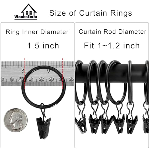 WeeksEight 100 Pack Black Curtain Rings with Clips, Curtain Hooks Hangers Clip Rings for Hanging Drapes Bows Hat, Drapery Rings 1.5 in I D, Fits up to 1.2 in Diameter Curtain Rod. - color: Black, size: 1.5" I D Set of 100