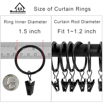 WeeksEight 100 Pack Black Curtain Rings with Clips, Curtain Hooks Hangers Clip Rings for Hanging Drapes Bows Hat, Drapery Rings 1.5 in I D, Fits up to 1.2 in Diameter Curtain Rod. - color: Black, size: 1.5" I D Set of 100