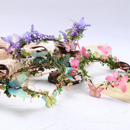 MOSTORY Handmade Fairy Butterfly Crown - Elf Flower Hadpiece Elven Headband for Women s Spring Wedding Maternity Shoot - color: Pink-red
