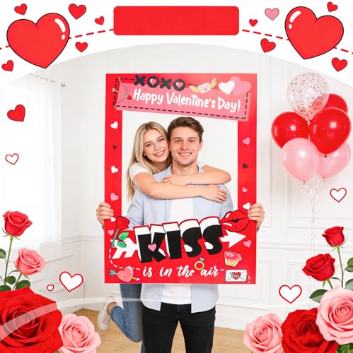Valentine's Day Photo Booth Frame - Red Pink Kiss is in The Air Funny Paper Photo-Props Background Photography, Romantic Valentine's Day Party Supplies for Couples, Galentine's & Date Night - color: Valentine Party Photobooth Props