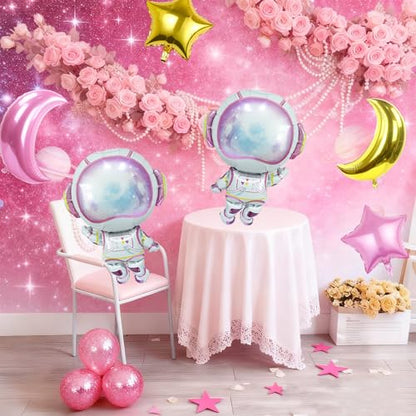 Pink Astronaut Balloons Set, 6 Pcs Space Balloon with Pink Gold Moon Star Balloon Helium for Girls Spaces Birthday Party Planet Theme Party Decoration Baby Shower Galaxy Planet Space Party Decorations - style: Pink Space