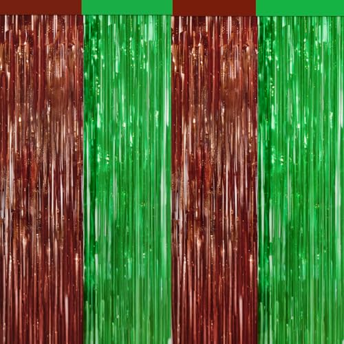 4 Packs Football Foil Fringe Curtain, Brown Green Glitter Metallic Tinsel Backdrop for Birthday, Baby Shower, Super Bowl, Football Game Day Party Decorations Supplies - color: Green Brown