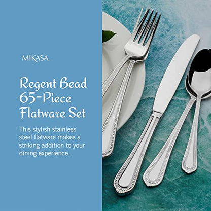 Mikasa Regent Bead 65-Piece Silverware Set, 18/10 Stainless Steel Flatware Service for 12, Includes 5 Serving Tools, Dishwasher Safe Polished Cutlery - size: 65 Piece Set, style: Regent Bead
