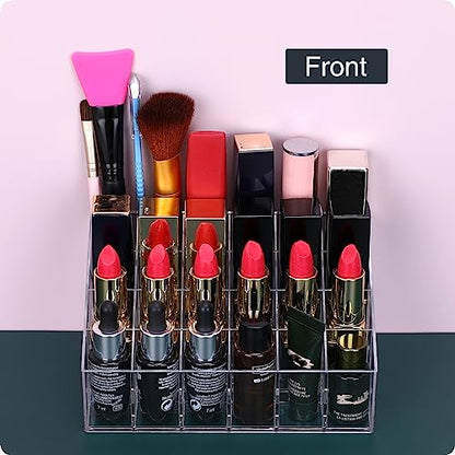 MOSIKER Lipstick Organizer,Small Clear Plastic Compact Lip Gloss Chapstick Perfume Sample Mascara Holder with 24 Slots