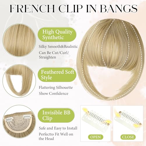 Bangs Hair Clip in Bangs, French Ash Blonde Fake Bangs Hair Clip on Bangs for Women Fringe with Temples Hairpieces Faux Bangs for Daily Wear - color: Ash Blonde