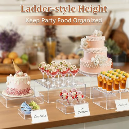 SUNEZLGO 8PCS Buffet Risers, Acrylic Large Food Risers with Mini Signs, Buffet Table Acrylic Cube Display Stands Clear Box Risers for Party Catering Dessert Jewelry Nesting Risers with Hollow Bottom - color: Clear