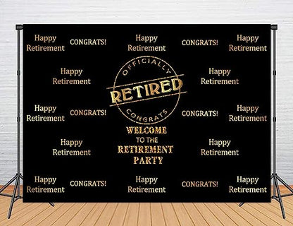 Officially Retired Black Golden Banner Backdrop for Photography, 5x3FT, Happy Retirement Party Background, Photo Booth Studio Props MBMYLU136 - size: cotton polyester-5x3ft