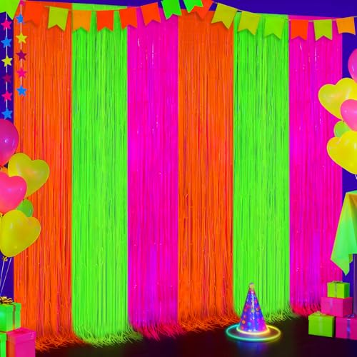 2 Pack Glow in The Dark Party Curtains Streamers, Neon Party Decorations Fluorescent Macaron Colorful Tinsel Foil Fringe Curtains, Photo Booth Prop Backdrop Streamers, Birthday Halloween Party Decor - color: Fluorescent Macaron Colorful