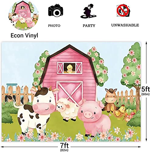 9x6ft Cartoon Farm Animals Party Backdrop Pink Barn Girl Baby Shower Birthday Photography Background Farmland Animals Cows Pigs Barnyard Backdrop Banner Cake Table Decoration Photo Booth Props - size: 9x6ft