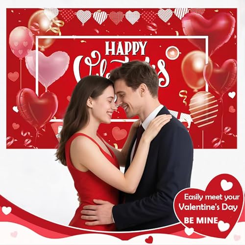 Happy Valentine's Day Banner - Large, 71x43 Inch | Red Hearts Balloons Backdrop Romantic Photo Booth Props -14th February Party Decorations