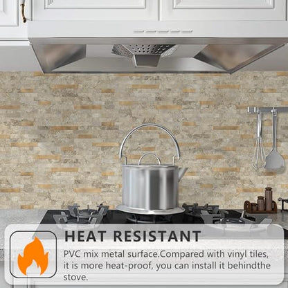 STICKGOO Peel and Stick Backsplash Tile, Stick on Backsplash for Kitchen and Bathroom, Stone Beige Marble Look PVC Mixed Metal Gold Self Adhesive Wall Tiles(10 Sheets) - color: Stone Beige with Metal Gold