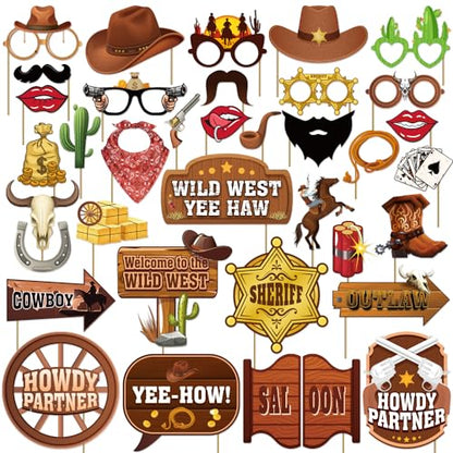 36Pcs Country Party Decorations Photo Booth Props, Western Photo Booth Props for Western Party Decorations, Wild West Cowboy for Cowboy Party