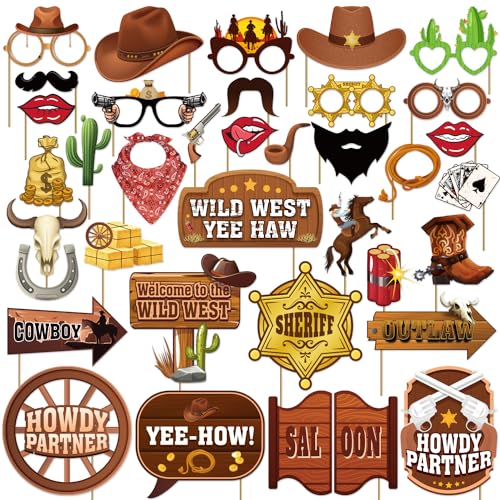 36Pcs Country Party Decorations Photo Booth Props, Western Photo Booth Props for Western Party Decorations, Wild West Cowboy for Cowboy Party