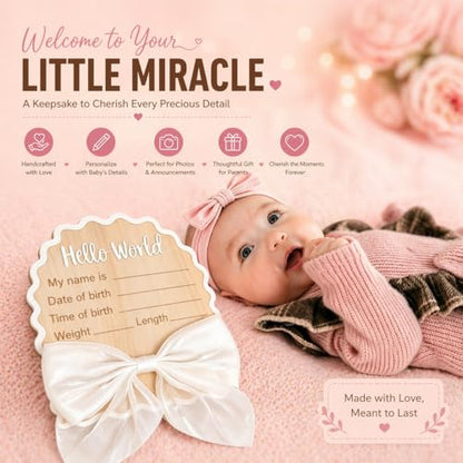 Wonhibo Newborn Announcement Sign - Baby Hospital Photo Prop Wooden Board Card with White Bow Hello World - color: White Bow