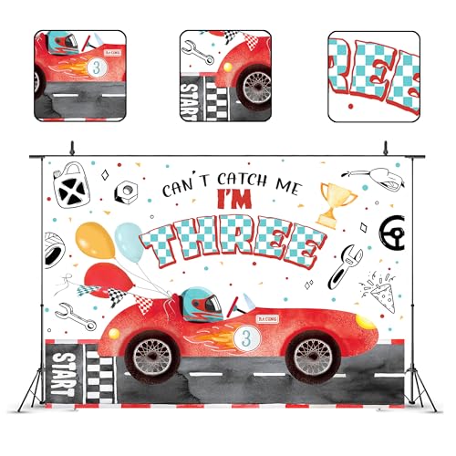 Glawry Car Racing 3rd Birthday Backdrop 7Wx5H Feet Watercolor Cartoon Cute Red Race Car Kids Boys Can't Catch Me I'm Three Birthday Party Decorations Photography Background Photo Booth Studio - color: Watercolor Car 3rd Birthday, size: 7Wx5H