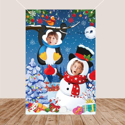 HOWAF Winter Snowman Photography Backdrop Banner, Snowman Penguin Face in Hole Props, Funny Christmas Photo Prop Background Banner for Xmas Holiday Party Decorations