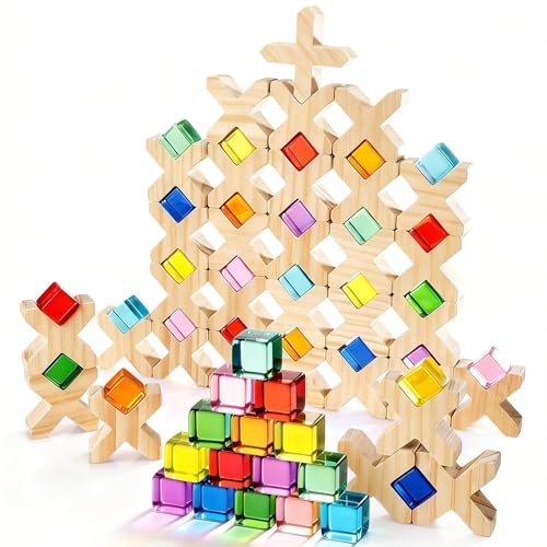 Woodtoe Wooden Building Blocks for Kids, 48 PCS Rainbow Acrylic Gem Cubes Blocks - 32 Wooden Blocks, Montessori Stacking Toy for Toddlers, Educational STEM Learning Sensory Toy Gifts for Boy Girl 3-6 - style: 80 PCS Rainbow Blocks Set