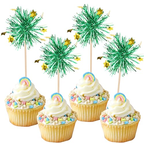 30 PCS Foil Firework Cupcake Toppers Happy Birthday Star Cupcake Picks Sparkle Tinsel Drink Stirrers Cocktail Fruit Toothpicks for Valentine's Day Wedding Birthday Party Decorations Supplies Green - color: B-green