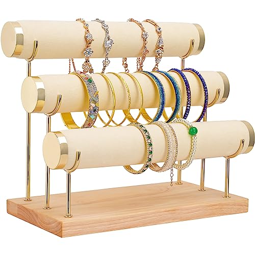 Bracelet Display Holder Small Size Jewelry Storage Stand 3 Tier Bangle Organizer Wooden Velvet Watch Tower - color: S-Beige