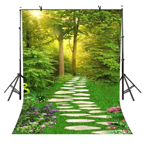 Spring Scenery Backdrop 7x10ft Forest Path Sunshine Flower Photography Background Natural Scenery Photo Shoot Props Portrait Pet Photo Photography Backdrop - size: 7x10ft