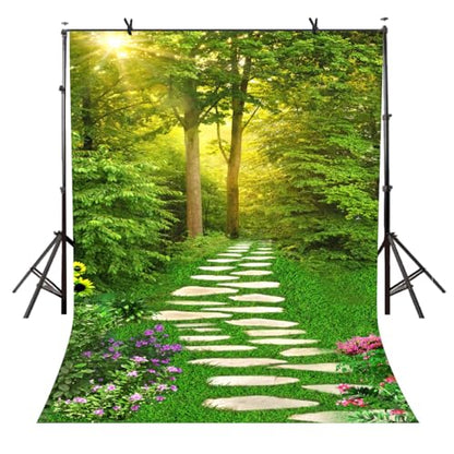 Spring Scenery Backdrop 3x5ft Forest Path Sunshine Flower Photography Background Natural Scenery Photo Shoot Props Portrait Pet Photo Photography Backdrop - size: 3x5ft