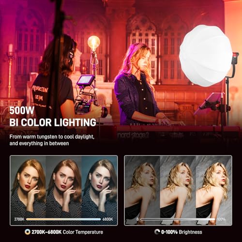 GVM 500W LED Video Light with APP Bluetooth Control, 2700K-6800K CCT, 227040lux@1m, Studio Photography Lighting with Bowen Mount, Continuous Output Lighting with Standard Cover, CRI 97+,COB Lamp Beads - size: 500W