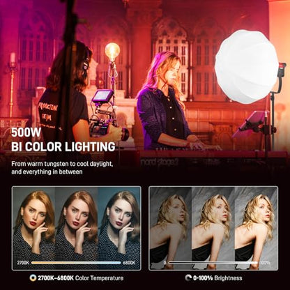 GVM 500W LED Video Light with APP Bluetooth Control, 2700K-6800K CCT, 227040lux@1m, Studio Photography Lighting with Bowen Mount, Continuous Output Lighting with Standard Cover, CRI 97+,COB Lamp Beads - size: 500W