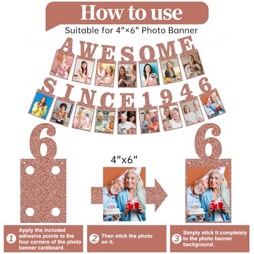 Pre-strung Awesome Since 1946 Photo Banner Birthday Decorations for Women- Pink Rose Gold Glitter 80th Birthday and Anniversary Decorations Party Supplies - style: Pink Rose Gold 80th