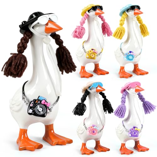 5 Sets Desk Goose Outfits Mini Hats with Braid Wig Glasses Camera Desk Goose Decor Thanksgiving Christmas Hat Accessory Headwear for 7 Inch Statue Key Holder
