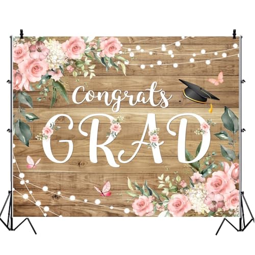Graduation Congrats Grad Photography Backdrops 10x6.5ft Vinyl Boho Floral Flower Wood Board Class of 2025 Backdrop Background Party Background Banner Supplies Photo Booth Props for Prom Party - size: 10′x6.5′