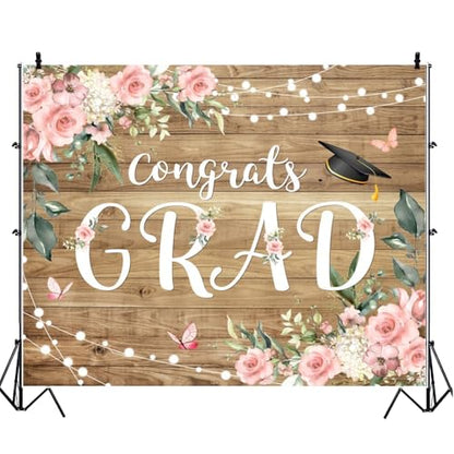 Graduation Congrats Grad Photography Backdrops 8x6ft Vinyl Boho Floral Flower Wood Board Class of 2025 Backdrop Background Party Background Banner Supplies Photo Booth Props for Prom Party - size: 8′x6′