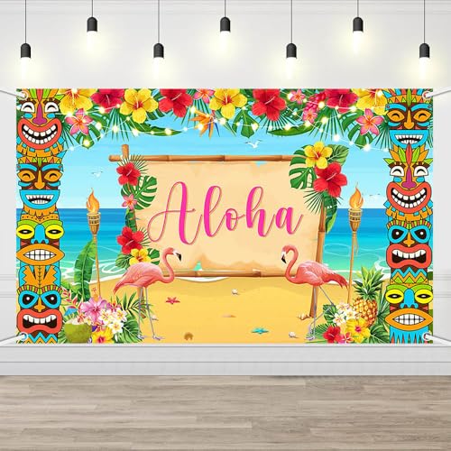 AIBIIN Hawaiian Luau Party Decorations Hawaiian Aloha Backdrop Summer Luau Beach Banner Tropical Party Supplies for Birthday Baby Shower Tropical Tiki Themed Photo Props Supplies 6x3.6ft - color: Aloha, size: 6x3.6ft