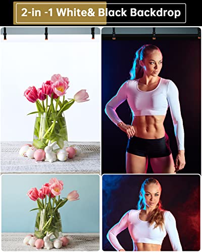 UTEBIT 5x6.5ft Photo Backdrop, Collapsible Backdrop White Black 2-in-1 Revisible Background Screen with 4 Spring Clamps for Photography Photoshoot Portraits Party Video Studio (Backdrop Only) - size: 5 * 6.5FT
